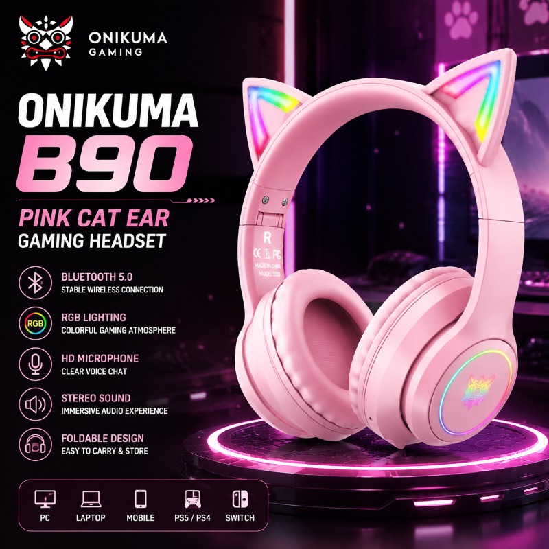 Onikuma B90 핑크 고양이 귀 게임용 헤드셋 R - Pc Gaming Apple 리뷰 및 가격