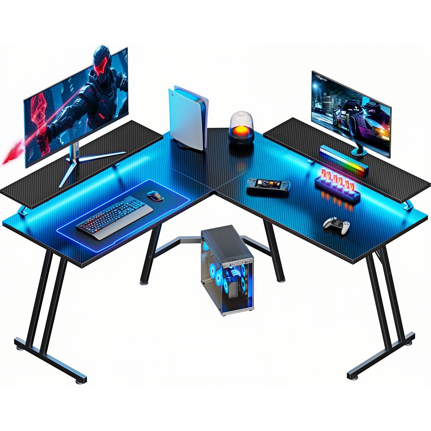 LED 조명과 모니터 스탠드가 있는 L자형 게이밍 책상 - Pc Gaming Center 리뷰 및 가격